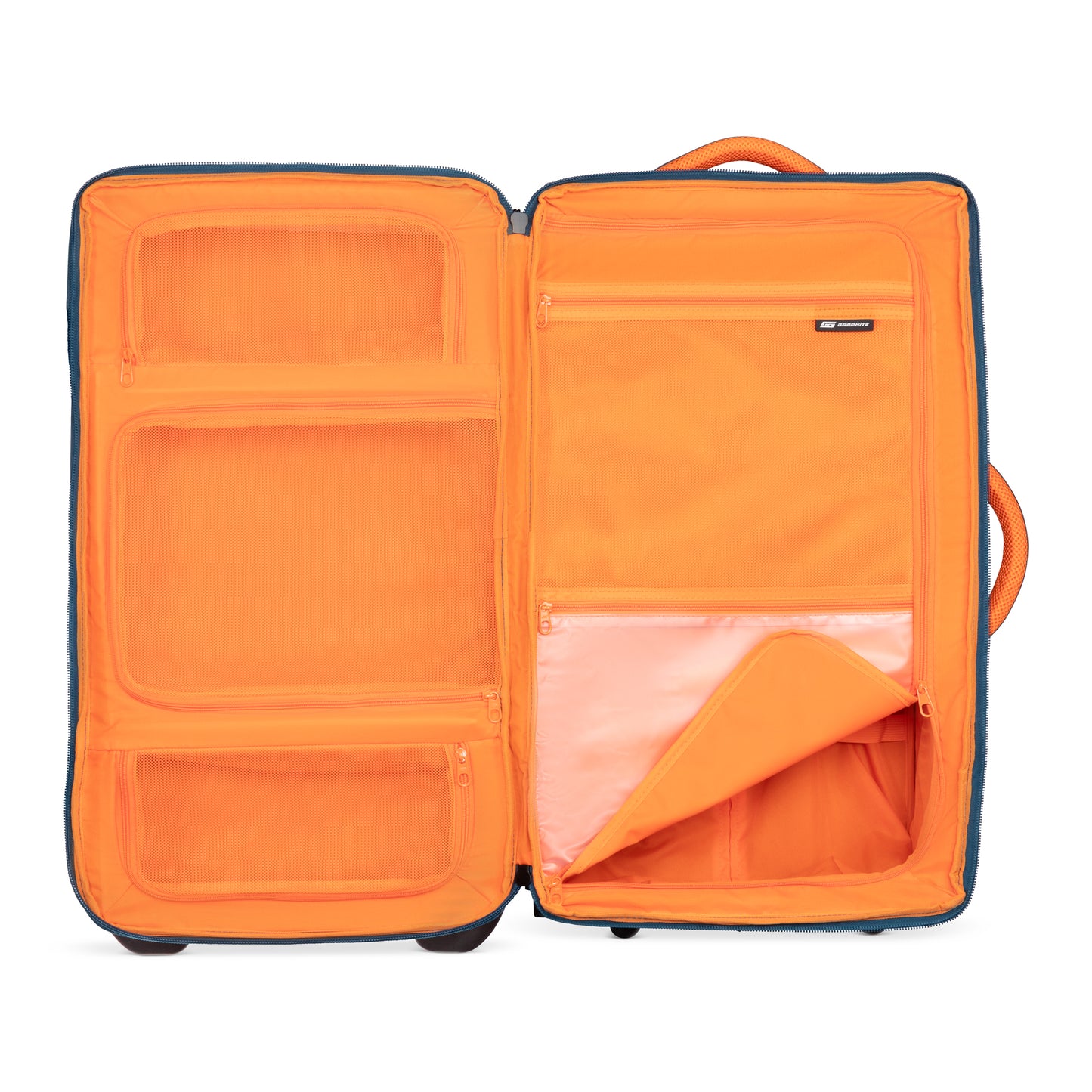 Graphite Metamorph 28" Upright Rollaboard, orange interior view.
