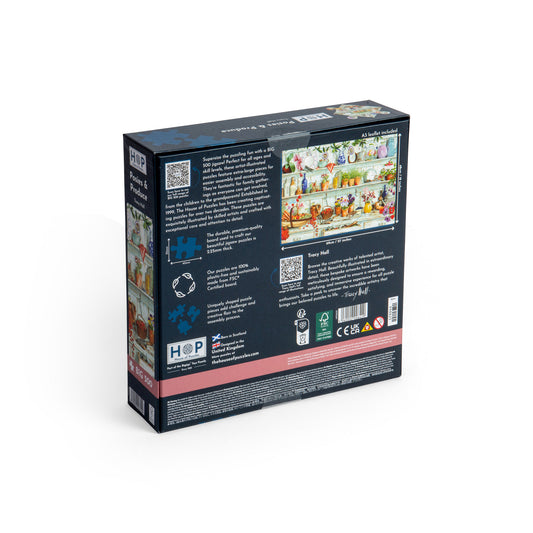 Product Image – Back of the House of Puzzles BIG 500 Piece Jigsaw Puzzle - Posies & Produce - ONLINE ONLY box showing a garden scene.