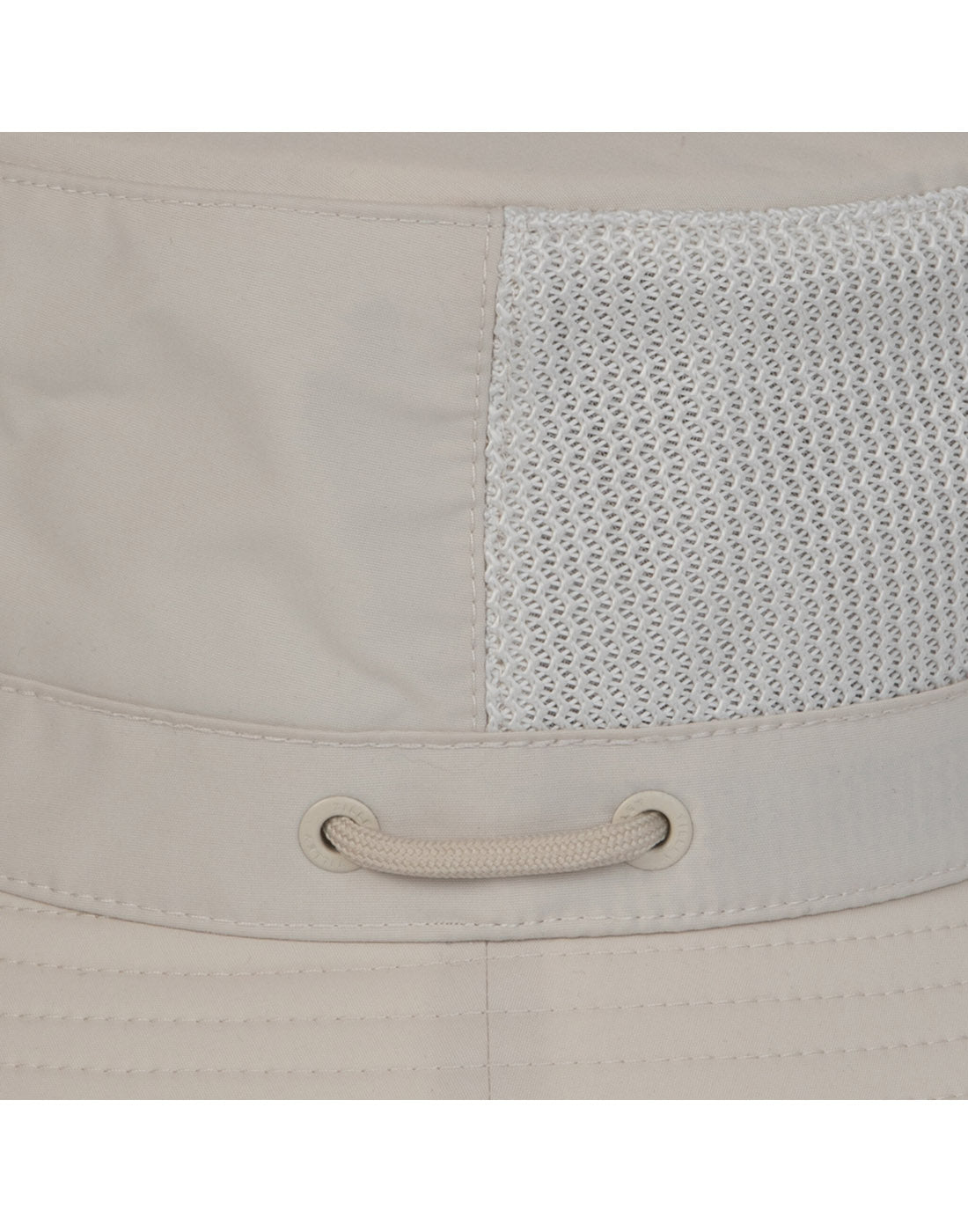 Close-up of the beige Tilley LTM1 Airflo® Bucket Hat with mesh panel and corded eyelet.