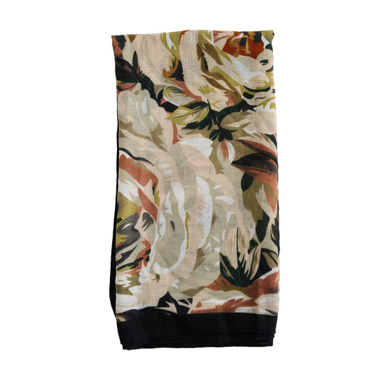 Product Image – Howard’s Celina Rose Print Lightweight Scarf, a folded rectangular scarf with a tan, green, and brown rose print.