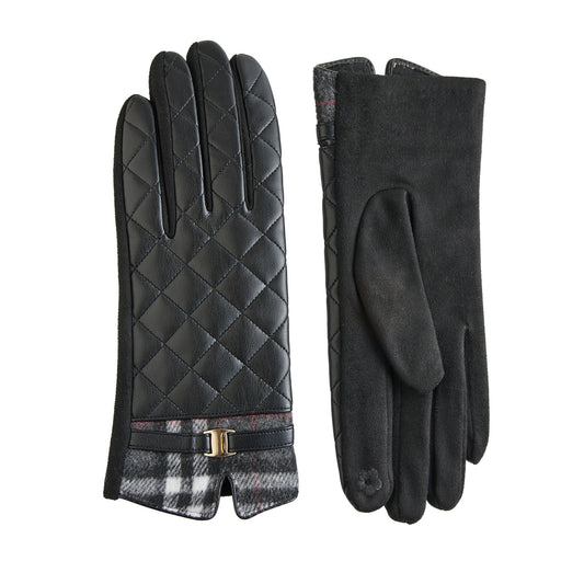 Product Image – Howard’s Vivi Quilted Vegan Leather Gloves shown from the back and palm sides with plaid cuffs and gold-tone buckles.