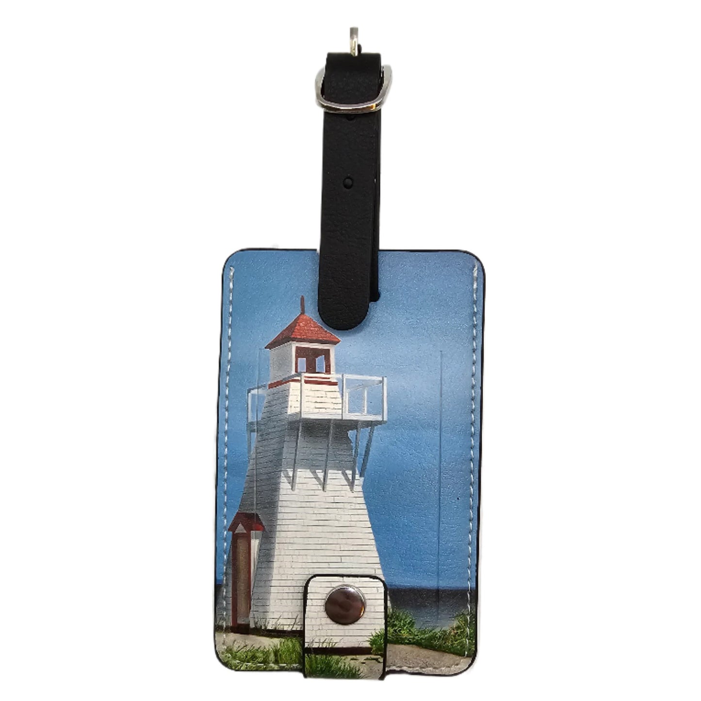 Ron Risley Art's Forget Me Not Luggage Tag features a hyper-realistic white lighthouse with a red roof and blue sky.