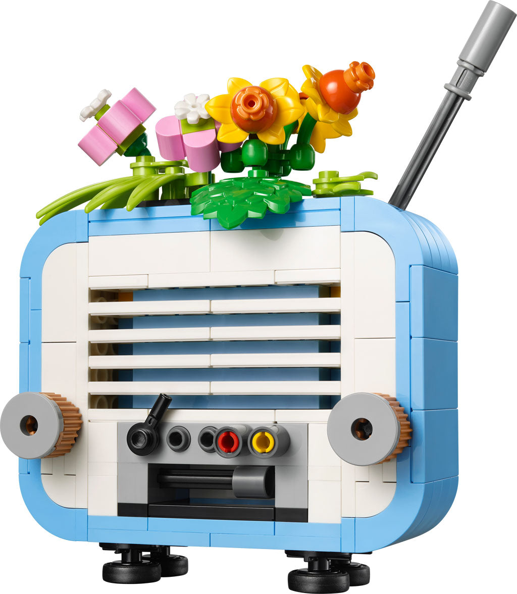LEGO® Record Player with Flowers: retro blue radio build with flowers on top.