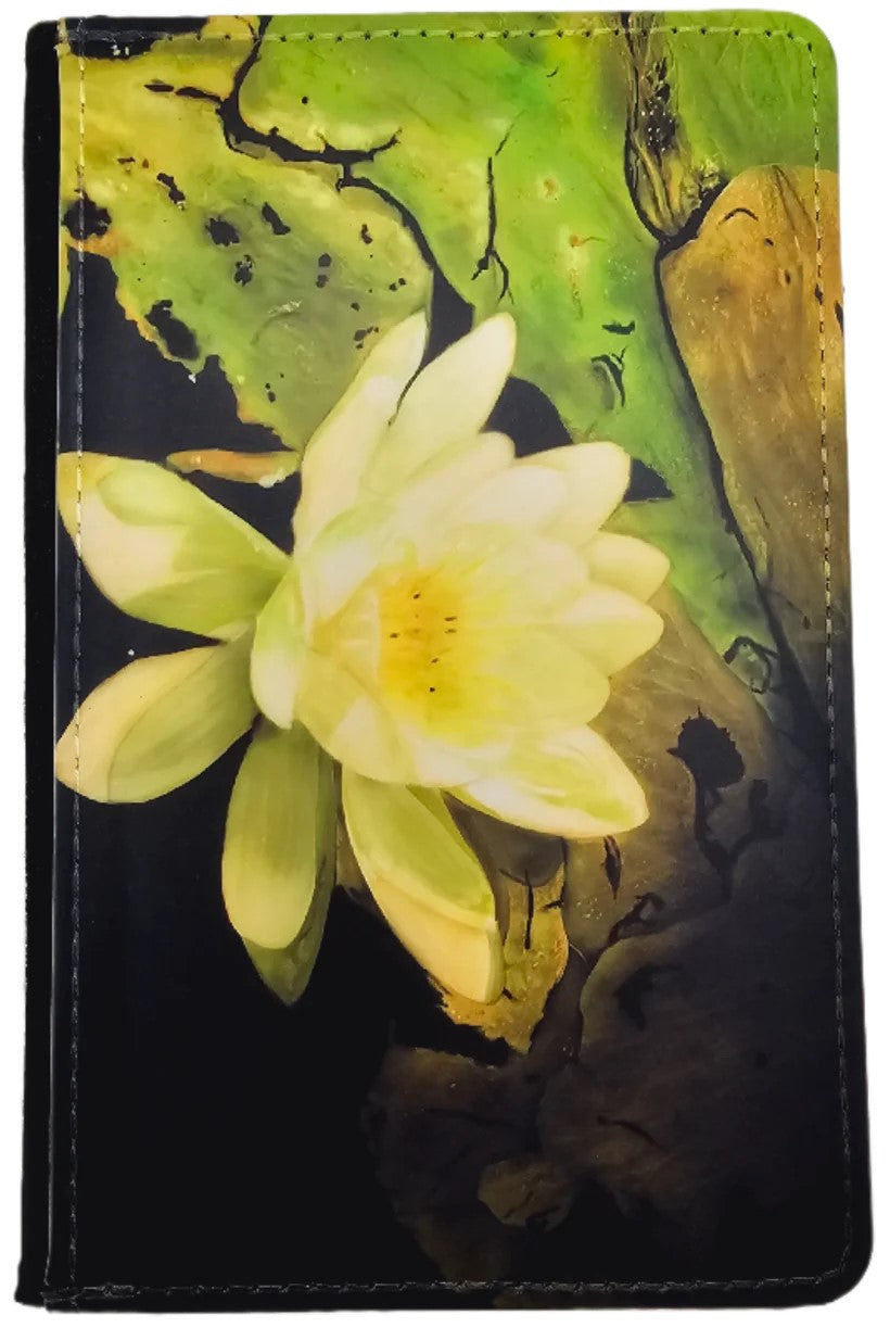 Passport wallet featuring yellow lily pad art of Ron Risley