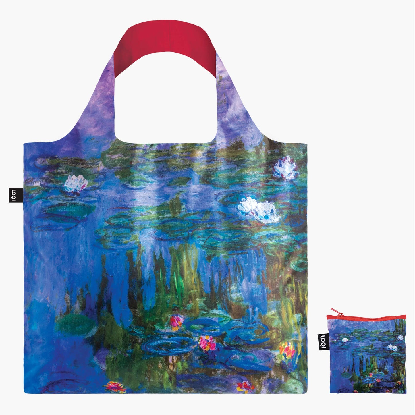 The LOQI Reusable Tote by Loqi features a water lilies design and comes with a matching small pouch.