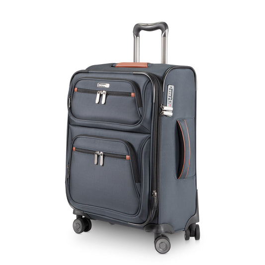 Product Image – Ricardo Beverly Hills Montecito 3.0 softside carry-on, dark blue, with front pockets and telescoping handle.