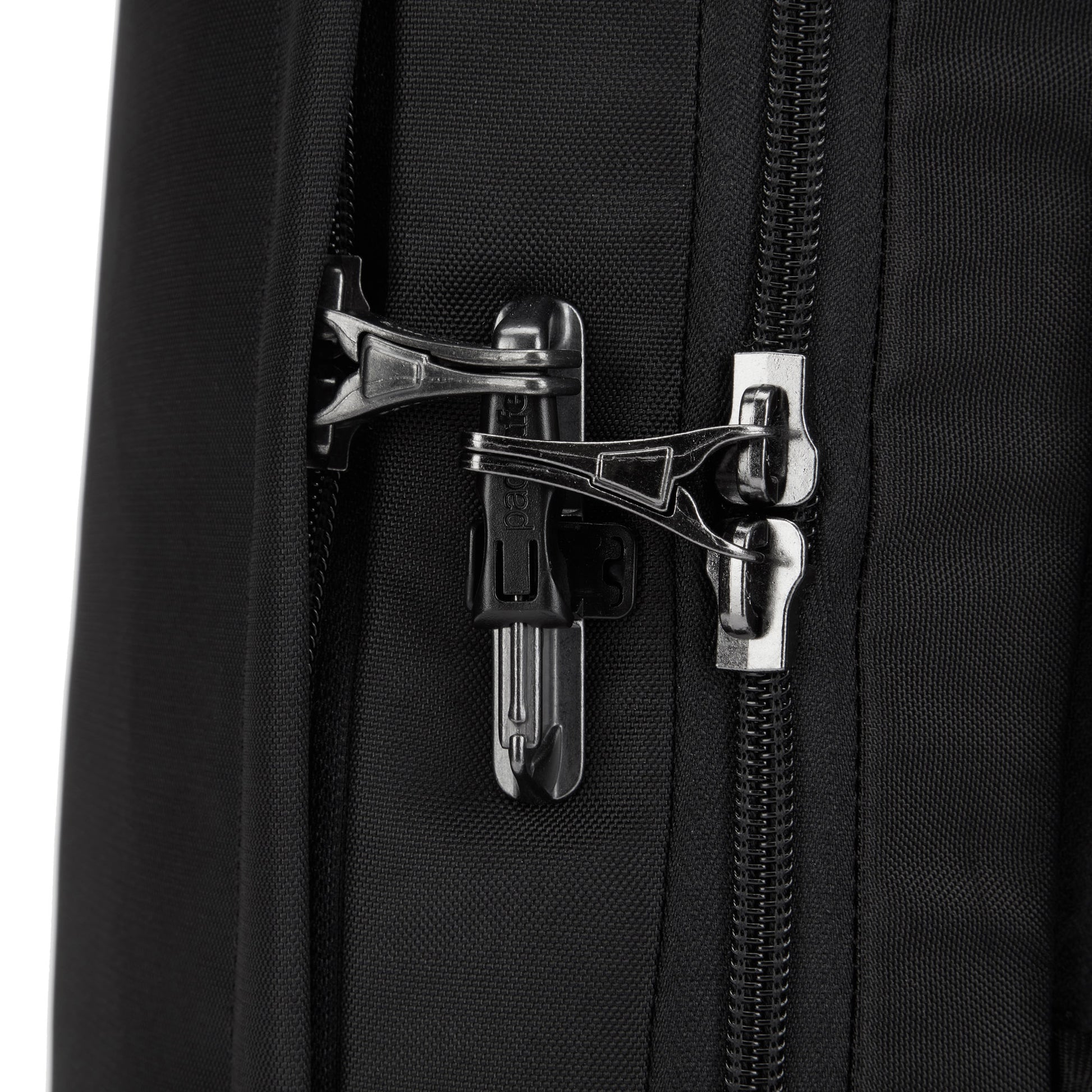 Close up of lockable zipper pulls on black Pacsafe® X Anti-Theft 13-Inch Commuter Backpack