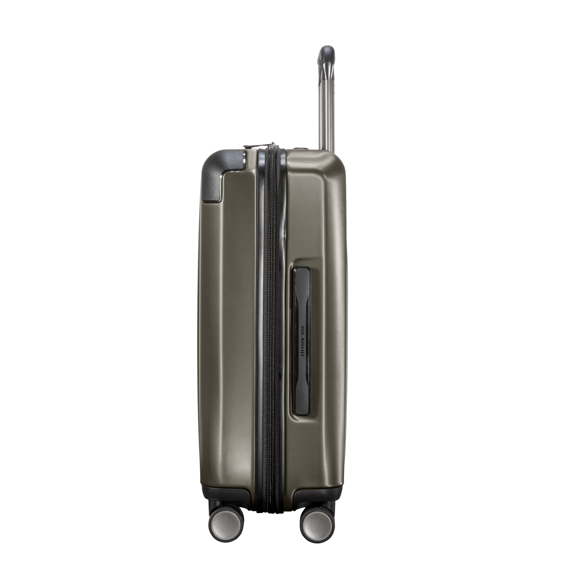 Side view of Ricardo Beverly Hills Montecito 2.0 21" Spinner Carry-on with wheels, telescopic handle, and TSA lock.