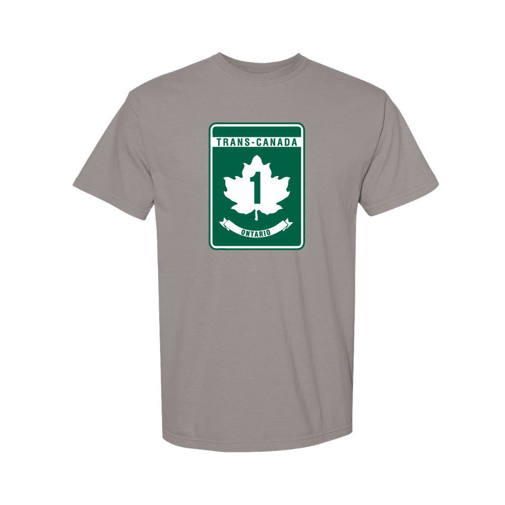 GGS Unisex Trans-Canada Hwy T-Shirt - in grey with green Ontario sign graphic.