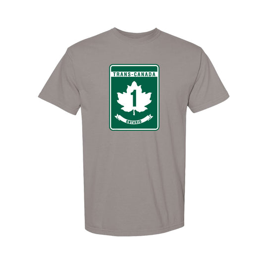 Product Image – GGS Unisex Trans-Canada Hwy T-Shirt - in grey with green Ontario sign graphic.