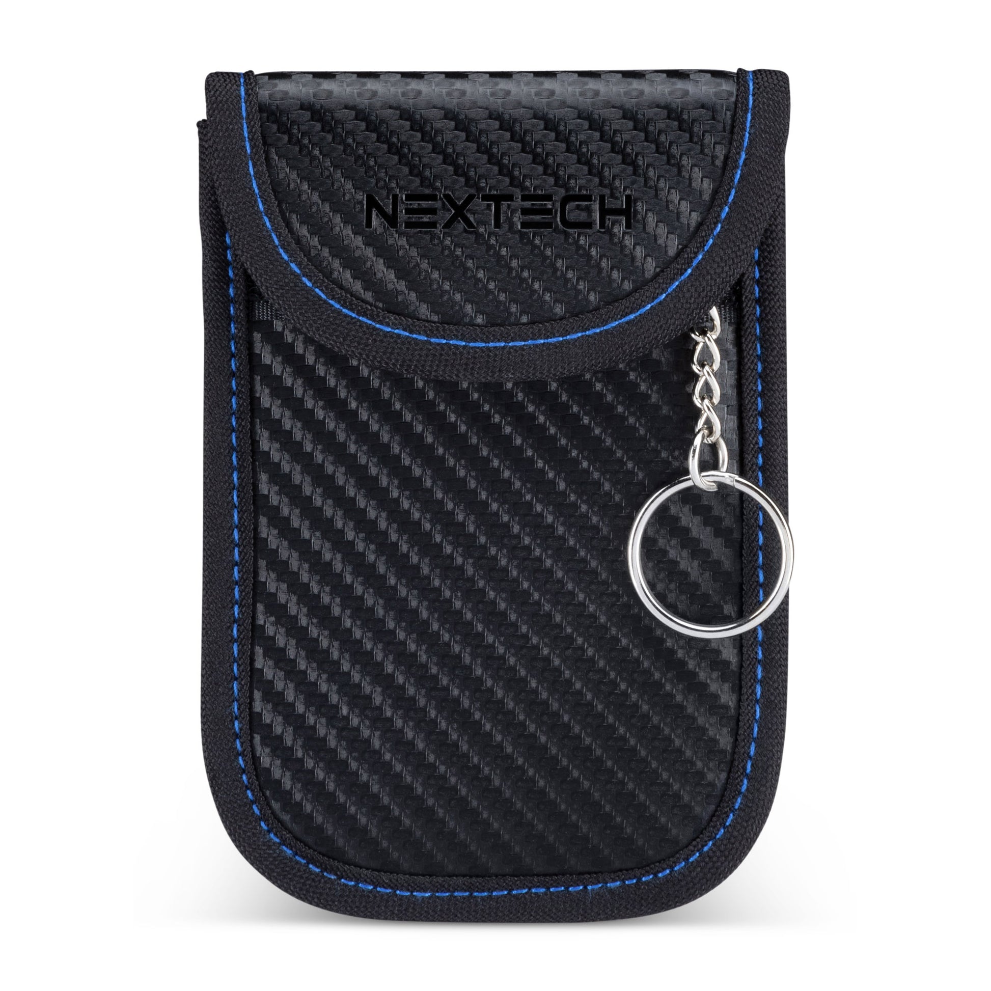 Nextech RFID Car Key Signal Blocker, black with blue side stitching, closed with key ring hanging out