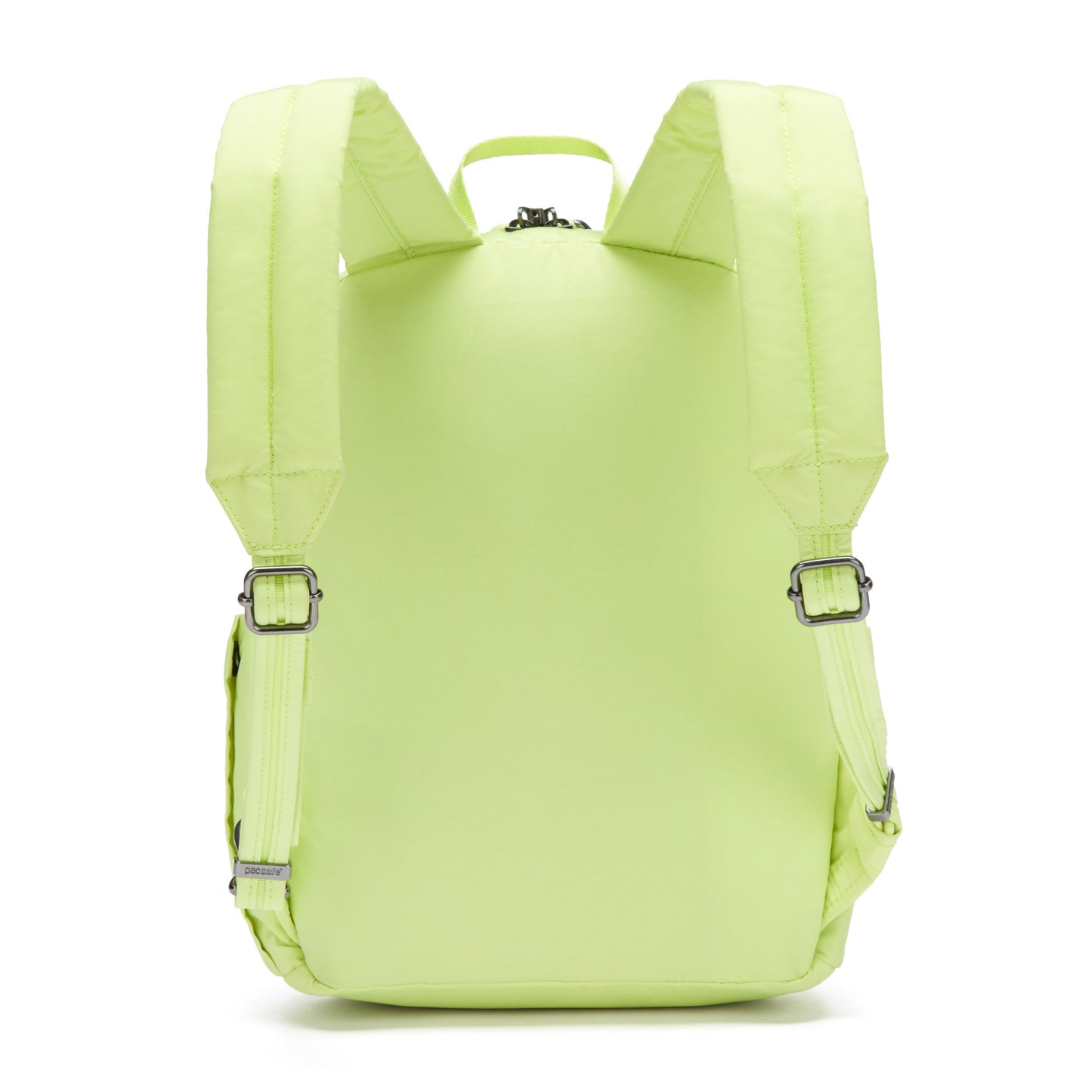 Matcha green Pacsafe® CX 8L backpack with adjustable straps and secure zipper, seen from the back.