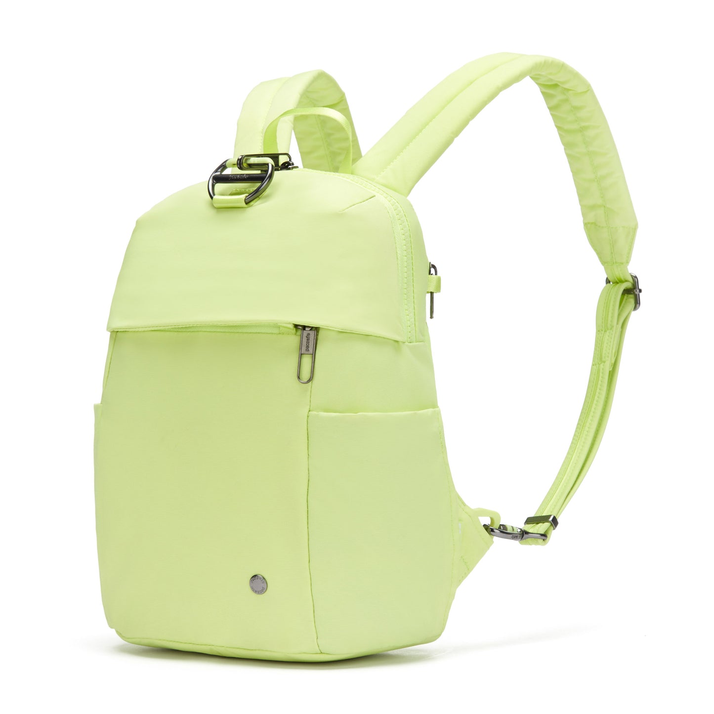 Pacsafe® CX Anti-theft 8L Backpack Petite is lightweight, matcha green, has adjustable straps, front buckle & pocket.