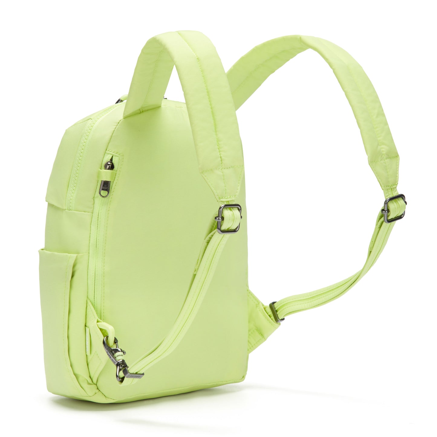 Lightweight, matcha green Pacsafe® backpack with silver zippers, adjustable straps, crafted from regenerated nylon.