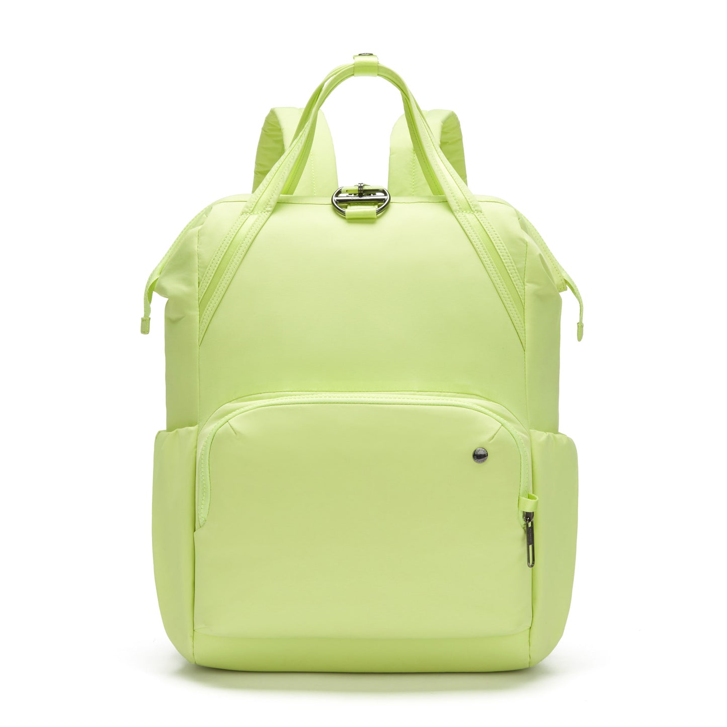 A matcha green Pacsafe® CX Anti-theft 17L Backpack with front pocket and straps, against a white background.