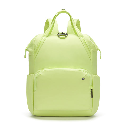 Product Image – A matcha green Pacsafe® CX Anti-theft 17L Backpack with front pocket and straps, against a white background.