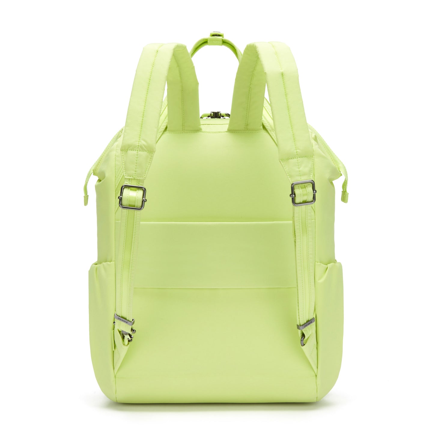 Back view of Matcha Pacsafe® CX Anti-theft 17L Backpack in bright yellow, made from recycled polyester with adjustable straps and side pockets.