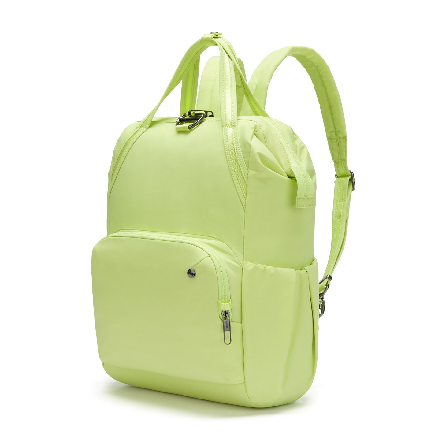 Matcha green Pacsafe® CX Anti-theft 17L Backpack in recycled polyester with multiple compartments and a top handle.
