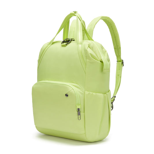 Product Image – Matcha green Pacsafe® CX Anti-theft 17L Backpack in recycled polyester with multiple compartments and a top handle.