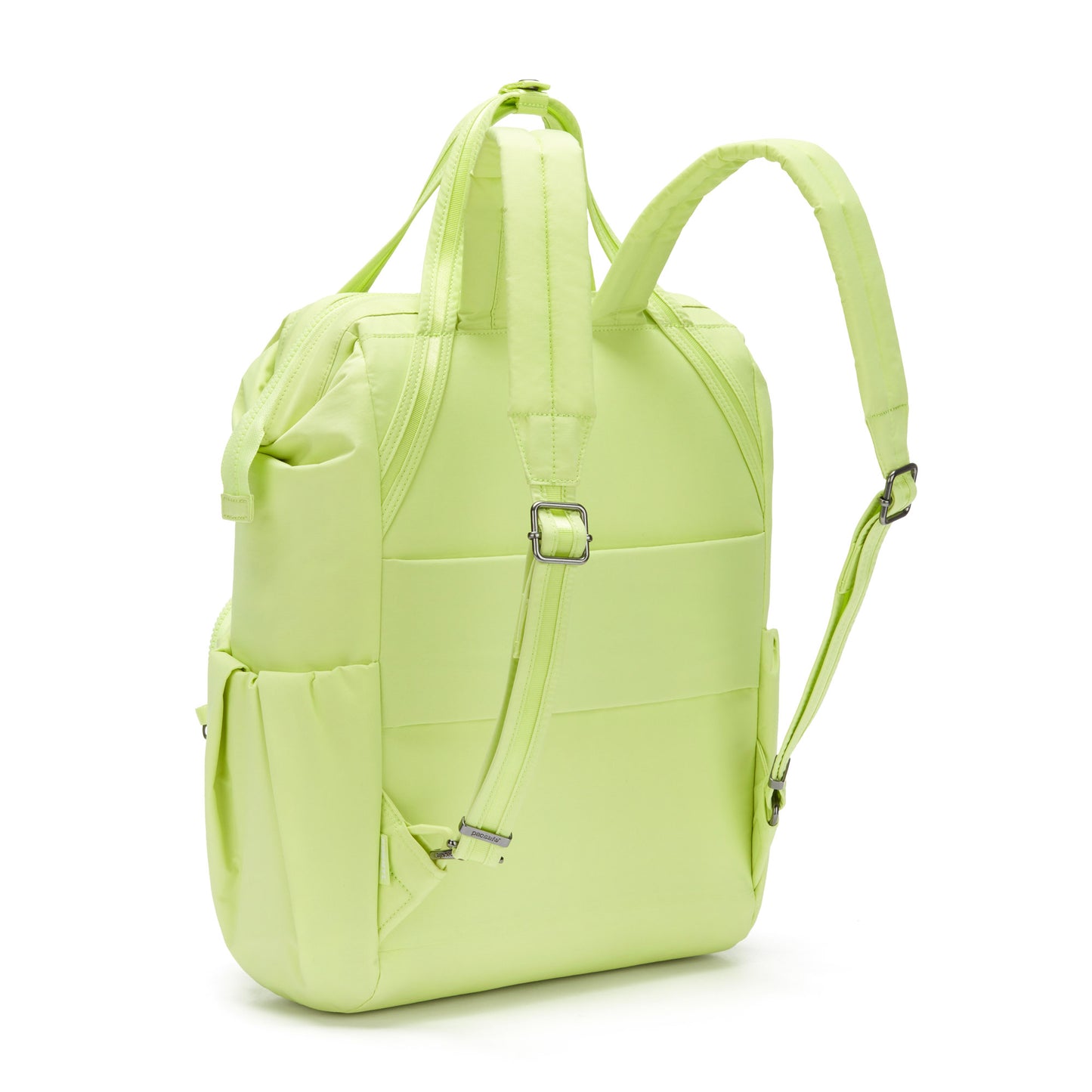 Matcha green Pacsafe® CX Anti-theft 17L Backpack with adjustable straps and pockets, made from recycled polyester.