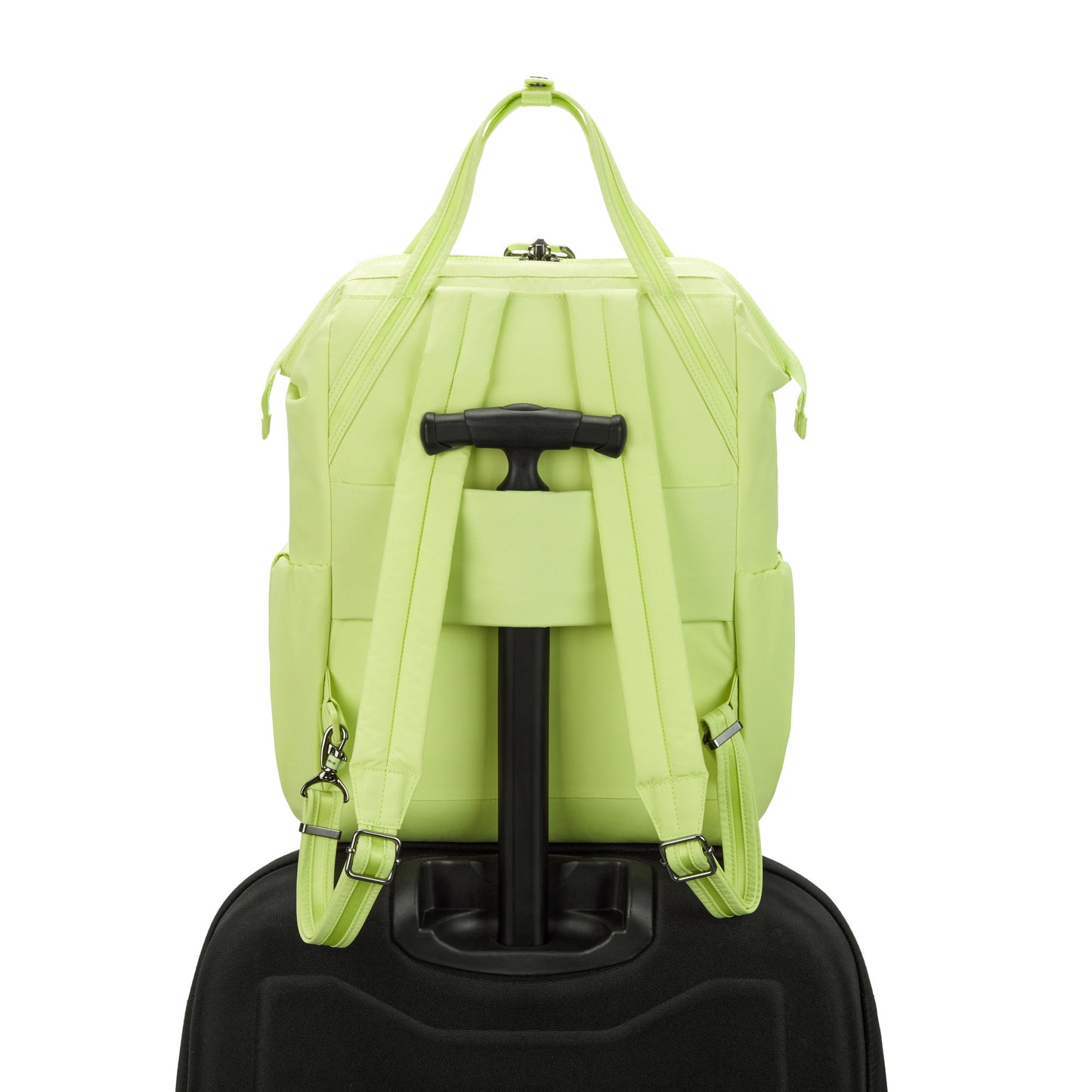 Viewed from the back, the Pacsafe® CX Anti-theft 17L Backpack secures to suitcase handles and uses recycled polyester.