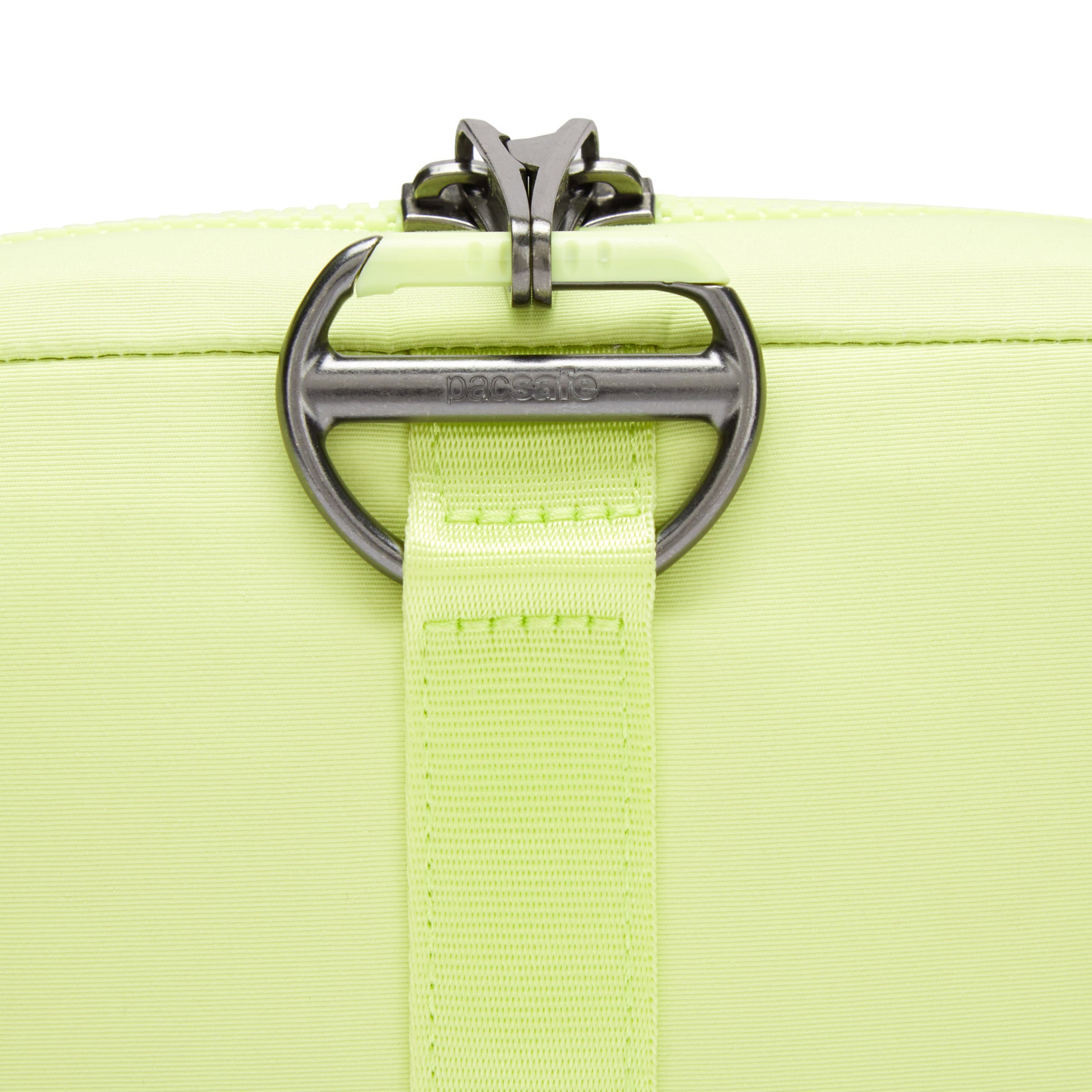 Close up of lockable zipper pulls on matcha Pacsafe® CX Anti-theft Square Crossbody