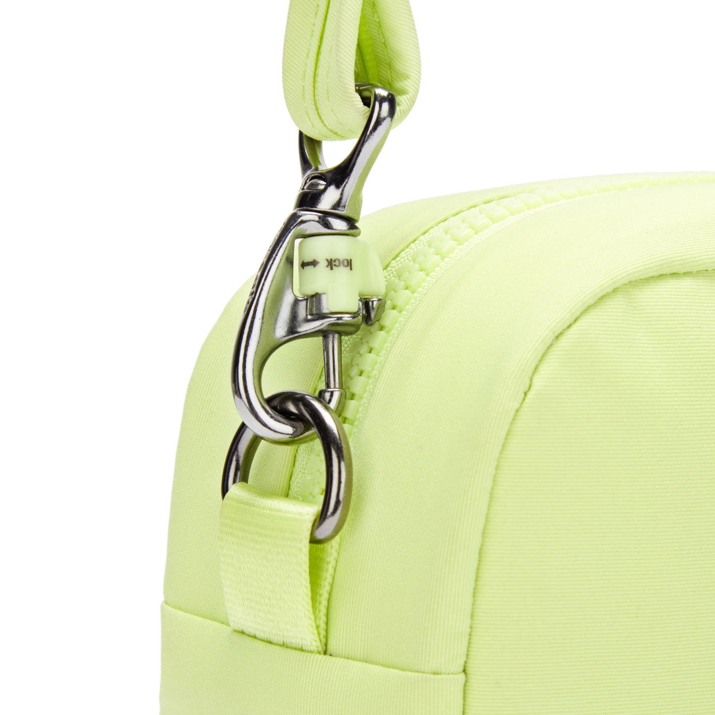Close up of turn n lock clip on crossbody strap of matcha Pacsafe® CX Anti-theft Square Crossbody