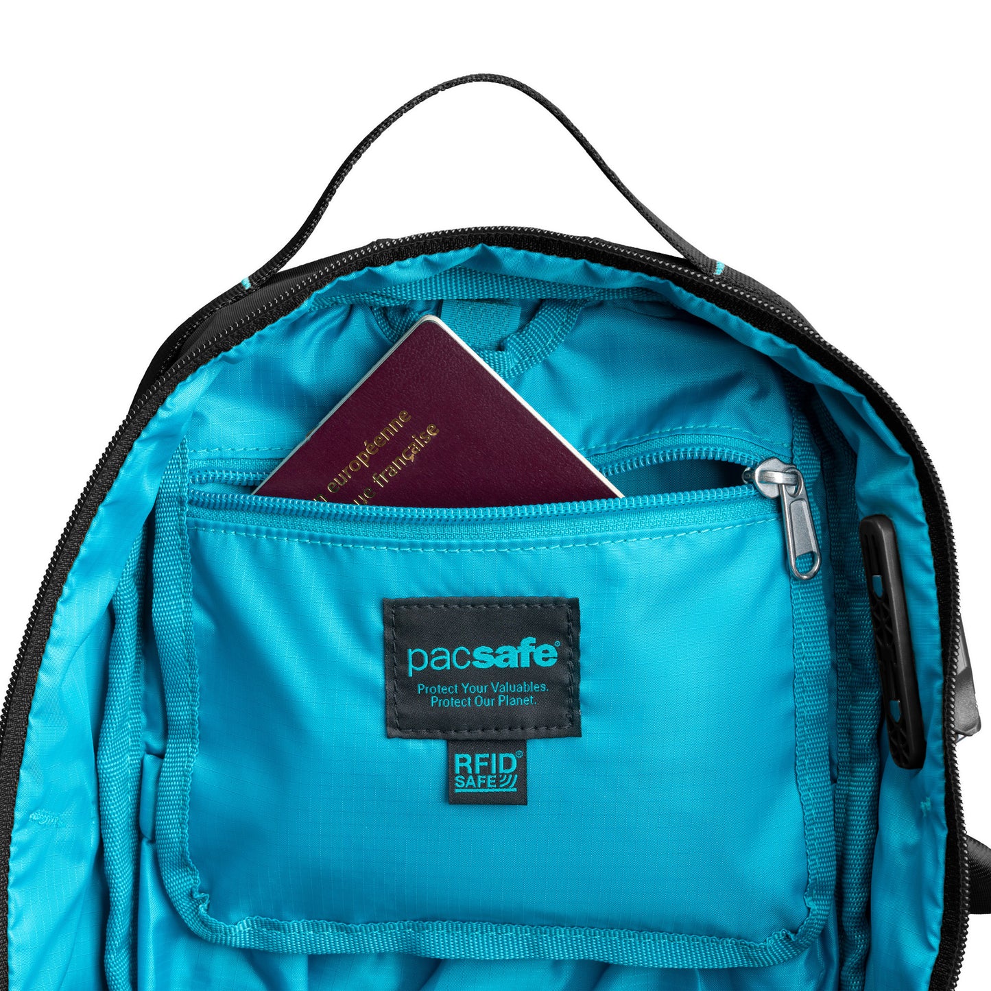 Open the Pacsafe® ECO 12L Sling Backpack in turquoise to reveal a passport in its RFID Safe pocket.