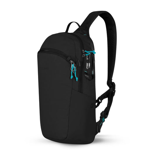 Product Image – Pacsafe® ECO 12L Anti-theft Sling Backpack: black, recycled materials, turquoise zippers, multiple compartments.