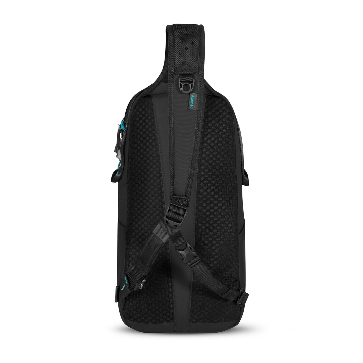 Pacsafe ECO 12L Anti-theft Sling Backpack: ambidextrous, adjustable strap, buckle closure, textured back panel.