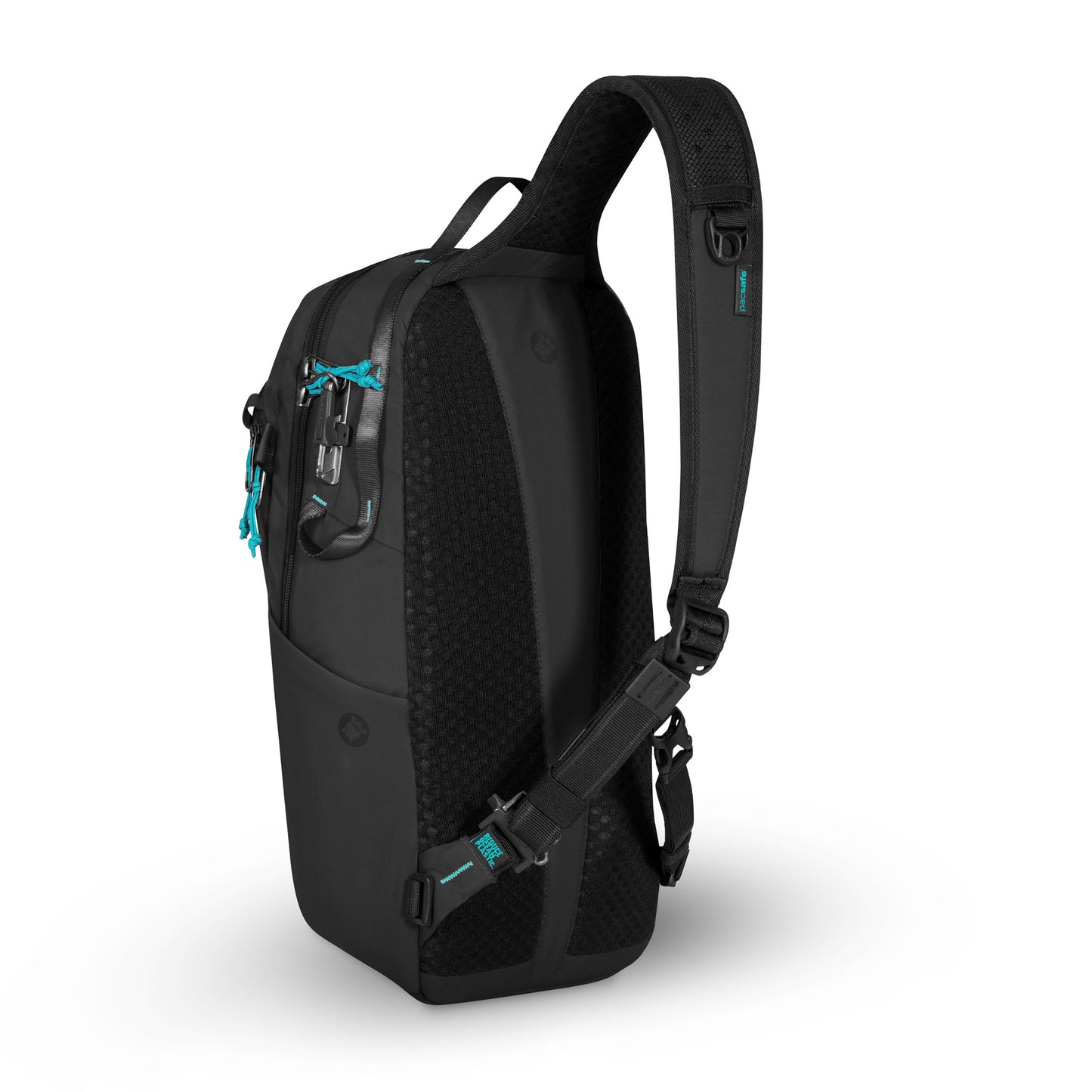 The Pacsafe® ECO 12L Anti-theft Sling Backpack in black and teal has a padded strap, ambidextrous design, and compartments.
