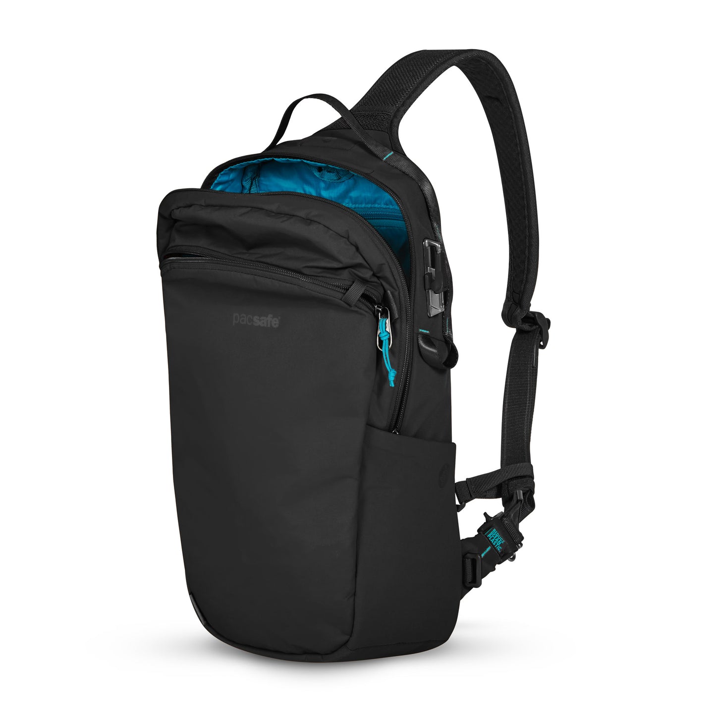 Pacsafe® ECO 12L Anti-theft Sling Backpack: black with blue interior, front zip pocket, recycled materials.