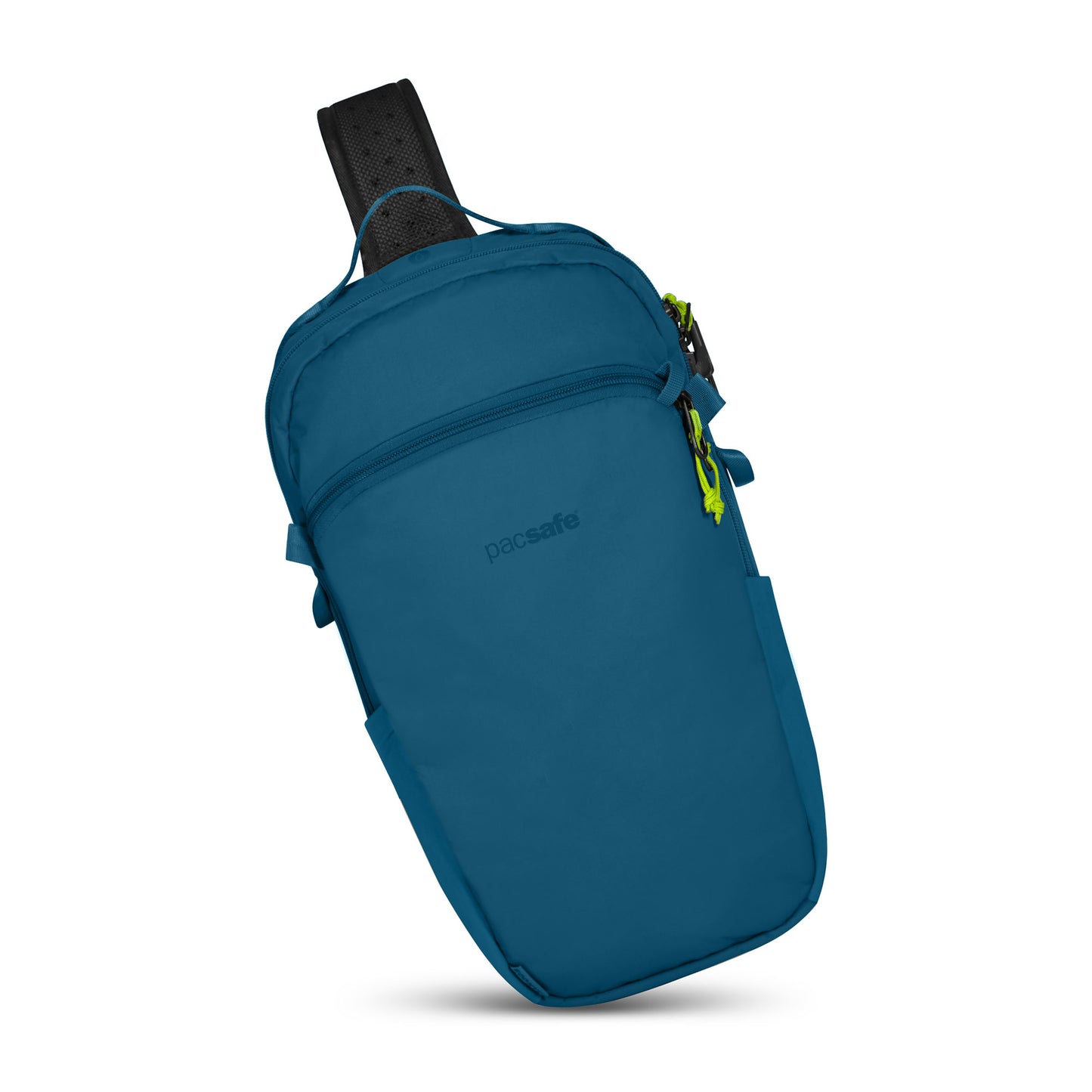 Teal Pacsafe® ECO 12L Anti-theft Sling Backpack with ambidextrous design, two zippers, and adjustable strap.