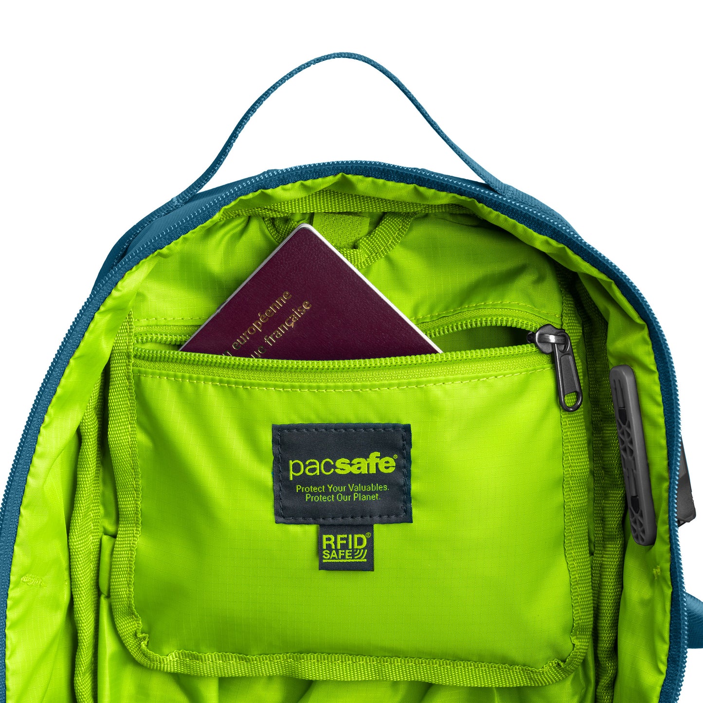 Open view of Pacsafe® ECO 12L Anti-theft Sling Backpack interior in bright green with RFID zipper pocket.