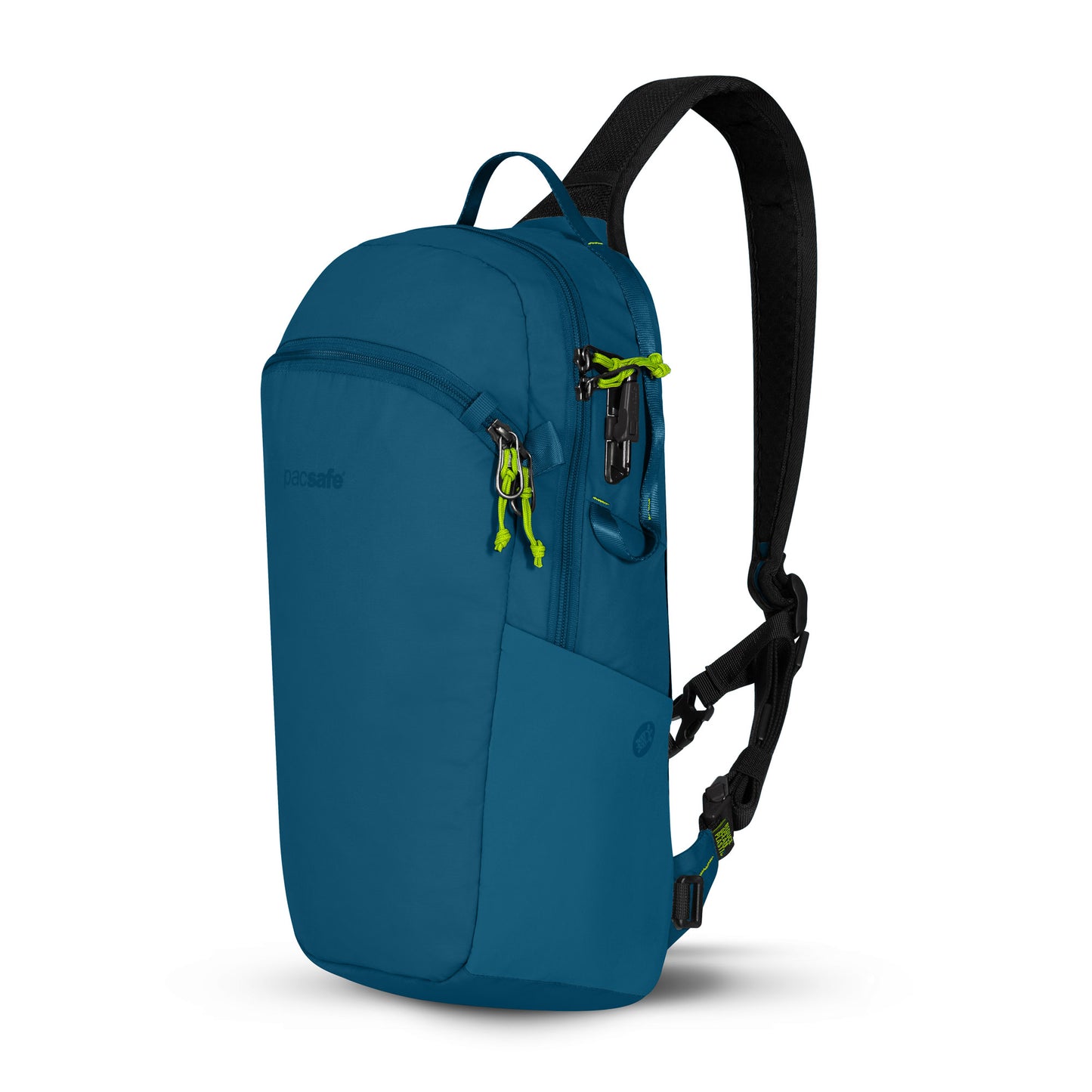 The Pacsafe® ECO 12L Anti-theft Sling Backpack: teal, sustainable, recycled, one strap, multi-zip compartments.