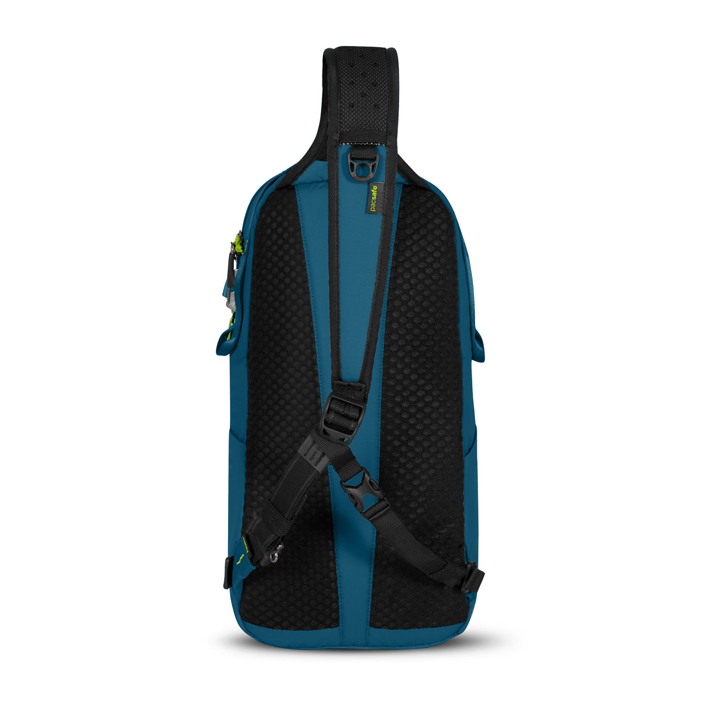 Pacsafe® ECO 12L Sling Backpack, blue/black, ambidextrous with adjustable straps and side pocket.