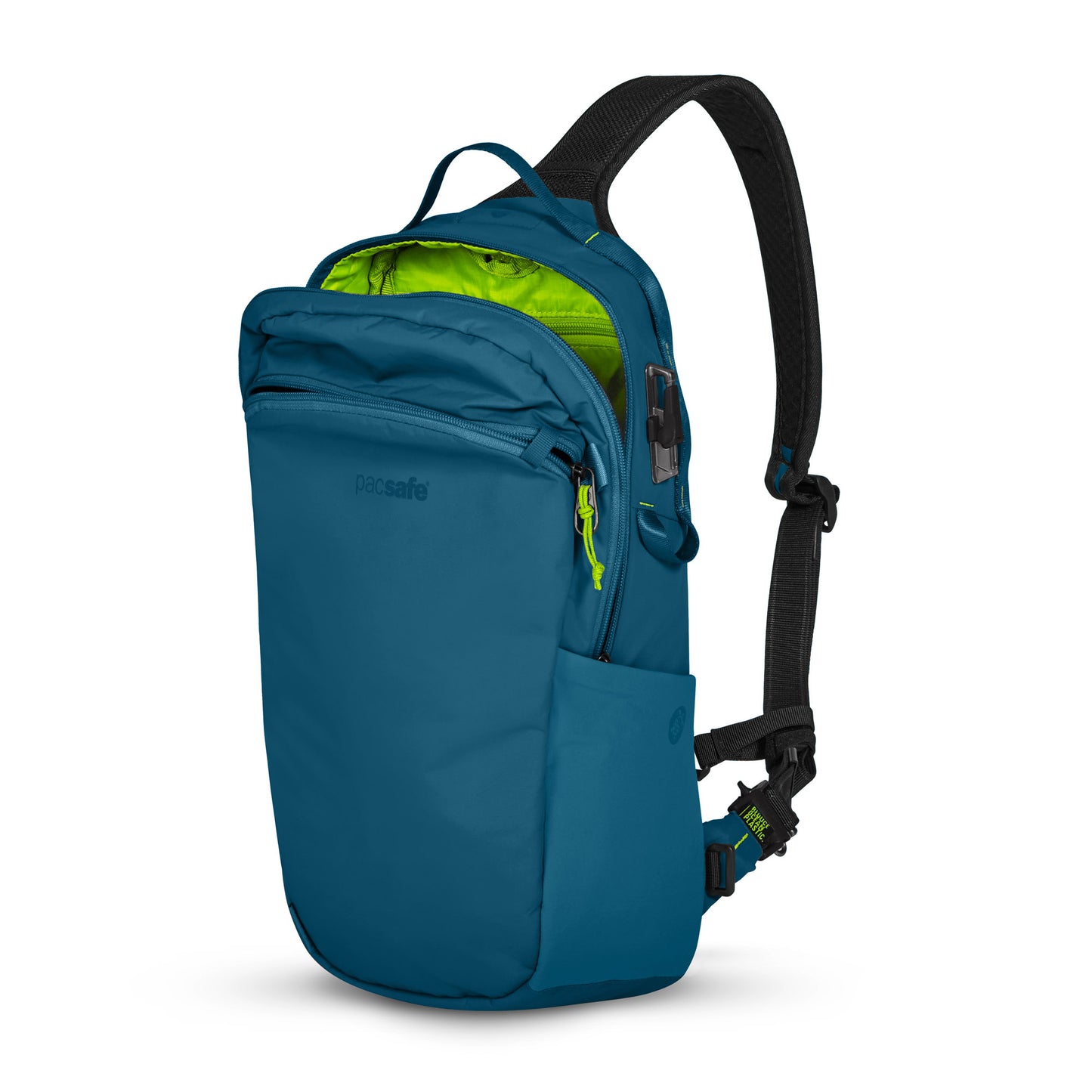 Pacsafe® ECO 12L Anti-theft Sling Backpack in blue and green with recycled materials, compartments, and black straps.