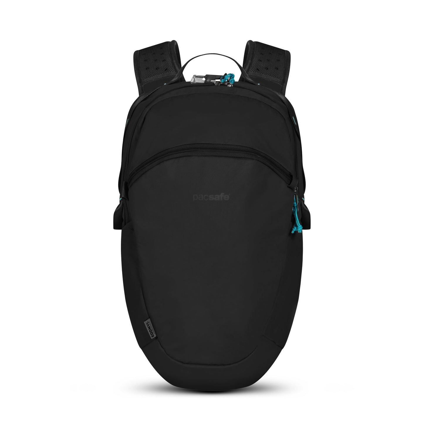 Pacsafe® ECO 18L anti-theft backpack in black, made from ECONYL®, with zippers and padded straps on white background.