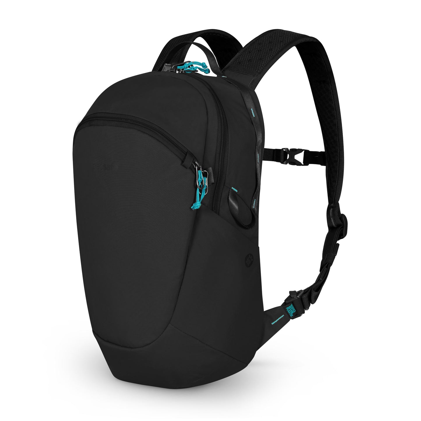 Pacsafe® ECO 18L Backpack: sustainable, recycled materials, turquoise zippers, adjustable straps, padded back panel.