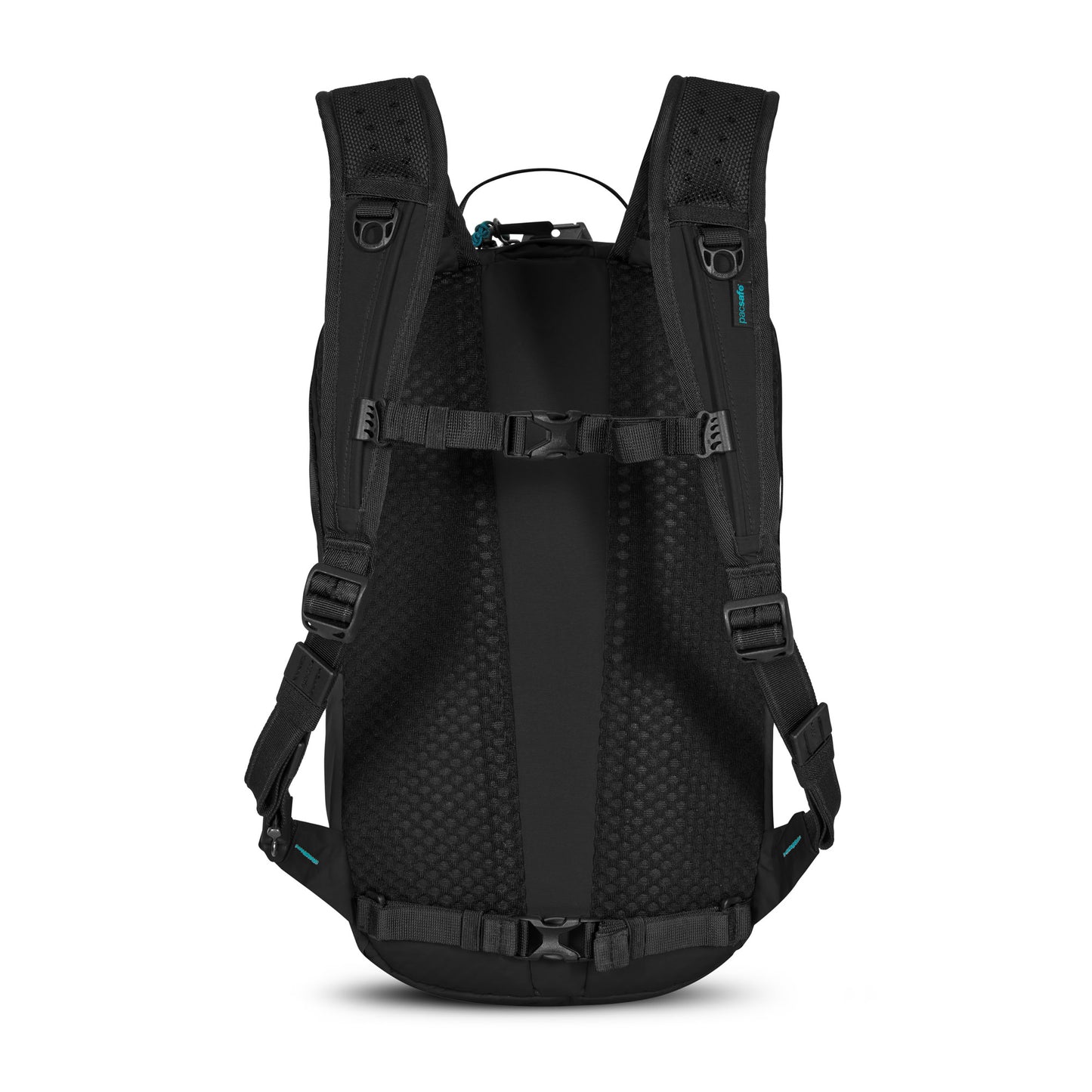 Back view of the black Pacsafe® ECO 18L Anti-theft Backpack with padded straps, chest clip, and mesh back panel.