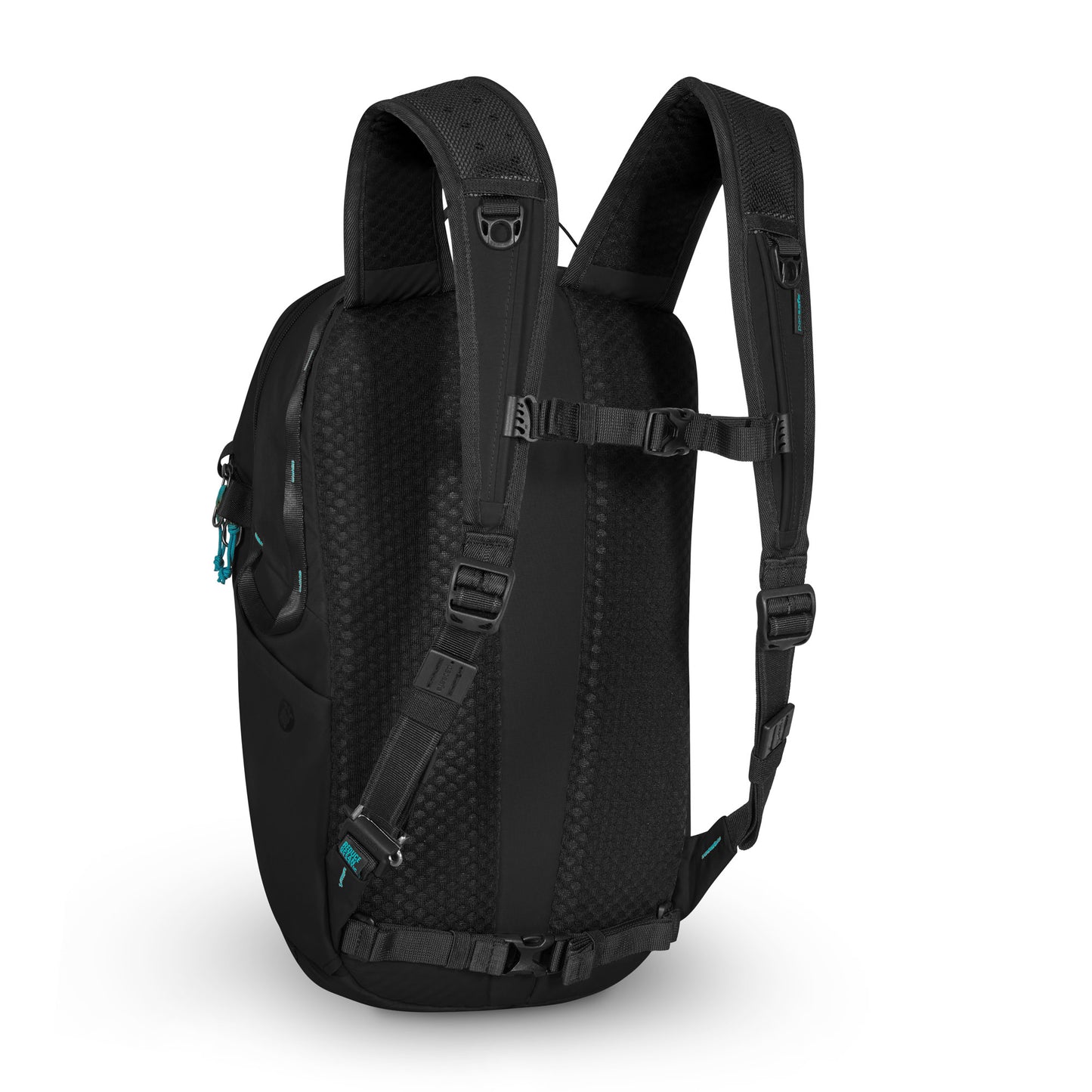 Pacsafe ECO 18L anti-theft backpack: ECONYL® nylon, padded straps, textured back, side pockets.