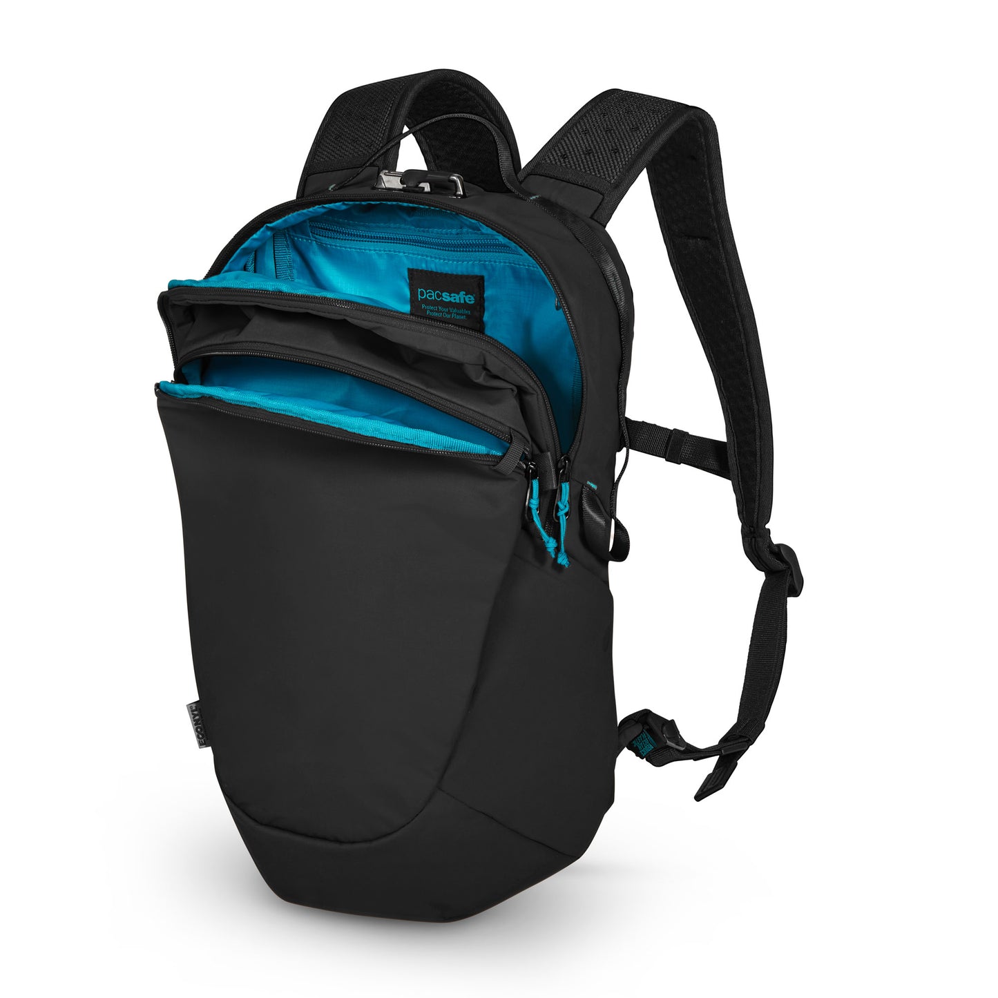 Pacsafe® ECO 18L backpack with open compartments, blue linings, and adjustable straps made of ECONYL® nylon.