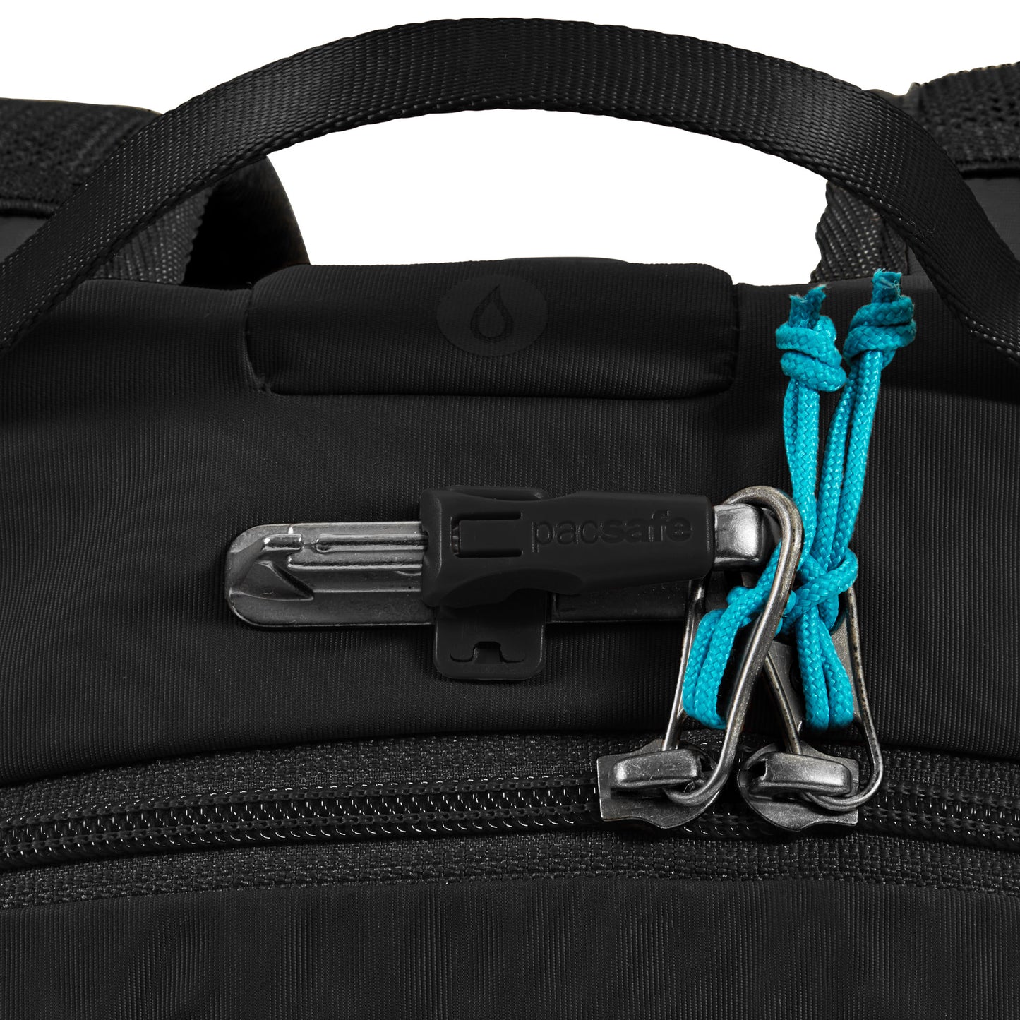 Close up of lockable zippers on the black Pacsafe® ECO 18L Anti-theft Backpack