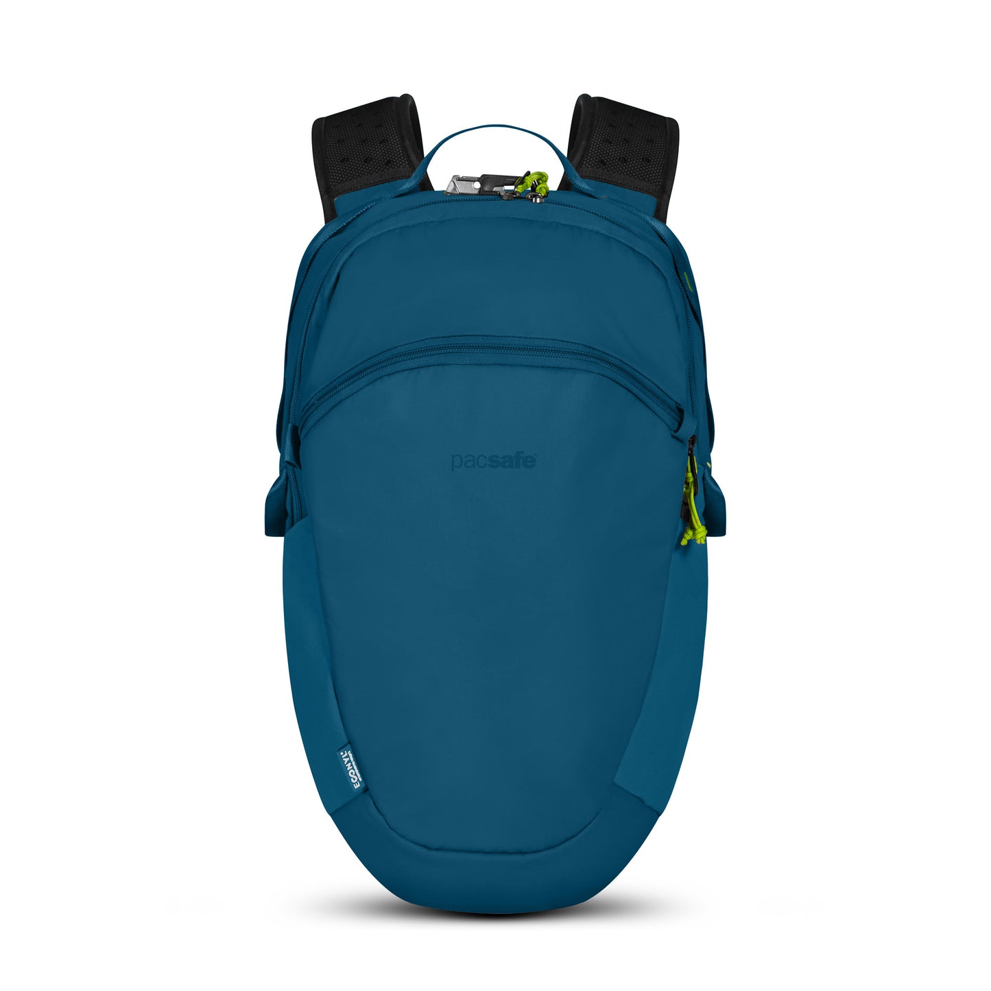 Pacsafe® ECO 18L Anti-theft Backpack in tidal teal ECONYL® with black straps and green zippers on a white background.