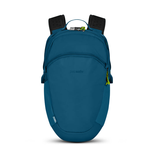 Product Image – Pacsafe® ECO 18L Anti-theft Backpack in tidal teal ECONYL® with black straps and green zippers on a white background.