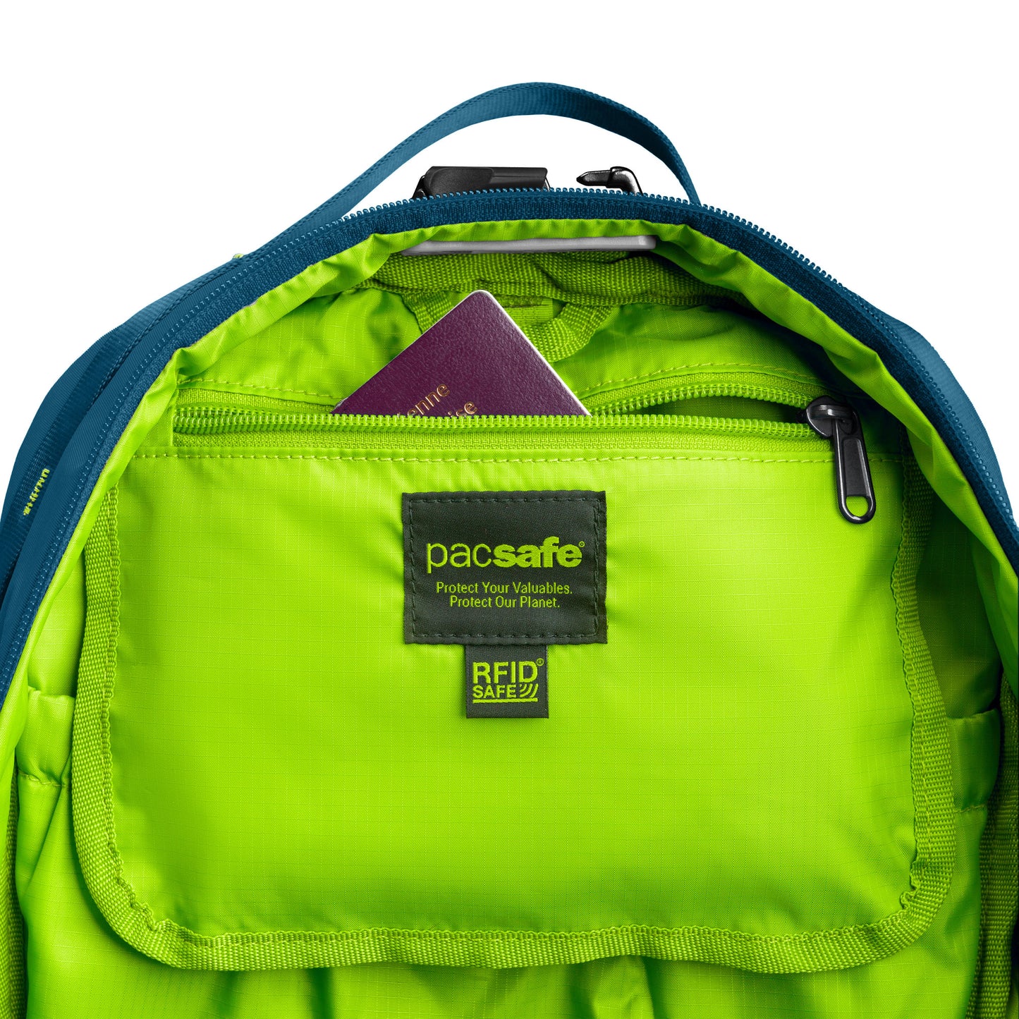 The Pacsafe® ECO 18L Anti-theft Backpack features a secure zipped pocket and a green ECONYL® interior.