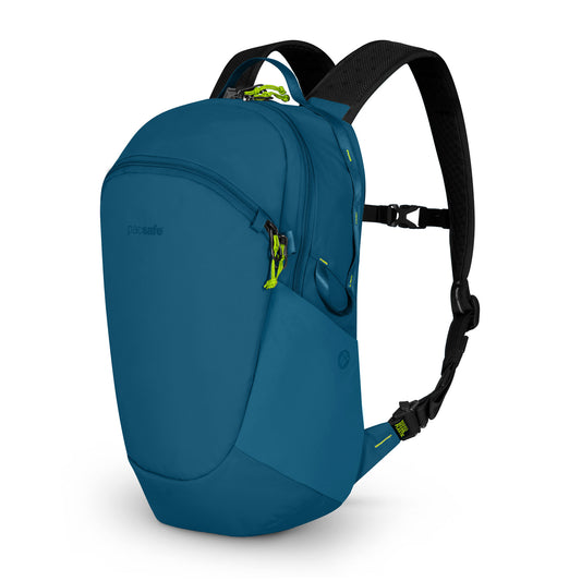 Product Image – Pacsafe® ECO 18L Anti-theft Backpack: Teal with black straps and green zippers, made from recycled materials.