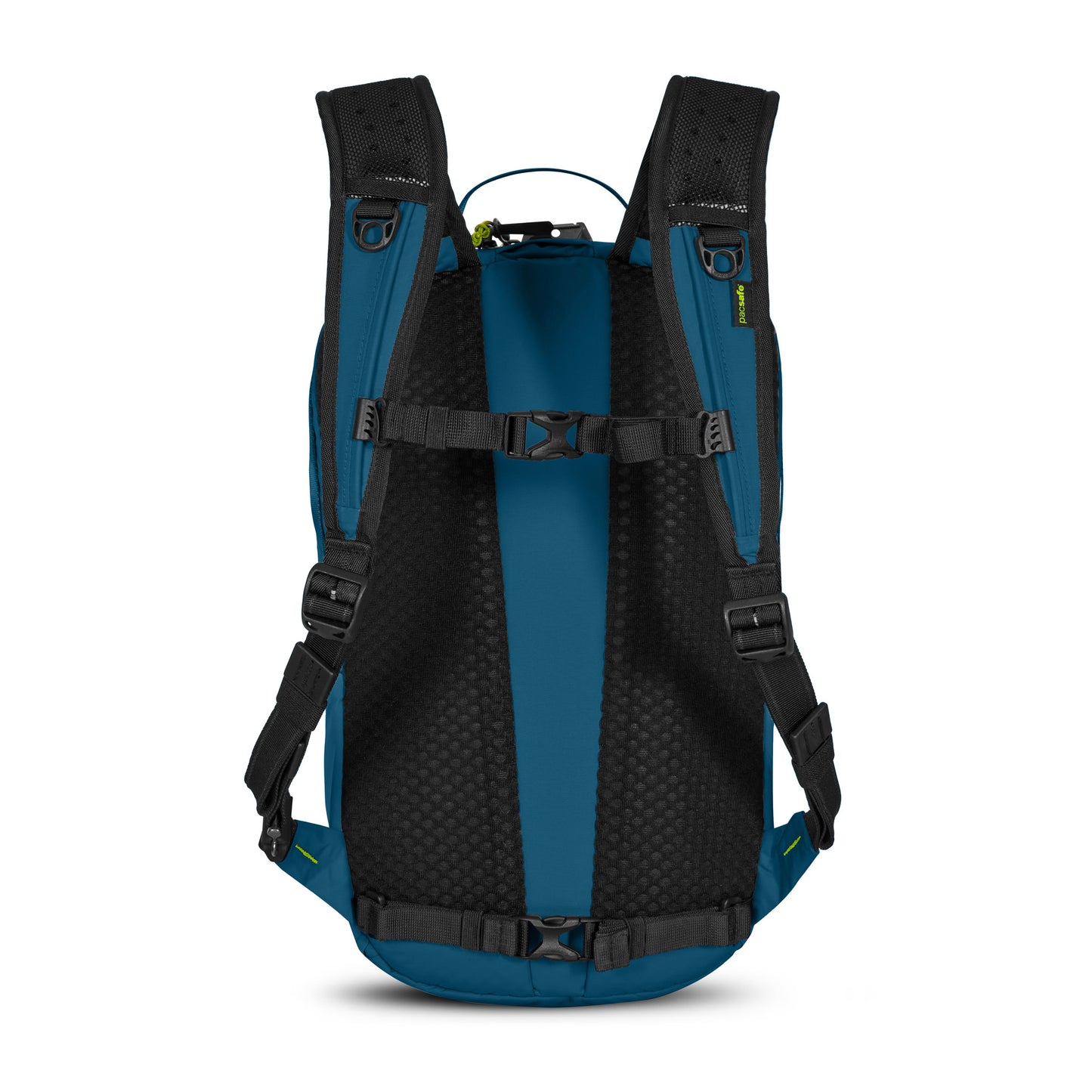 Eco-friendly Pacsafe® 18L Anti-theft Backpack, tidal teal with adjustable straps, padded support, recycled materials.