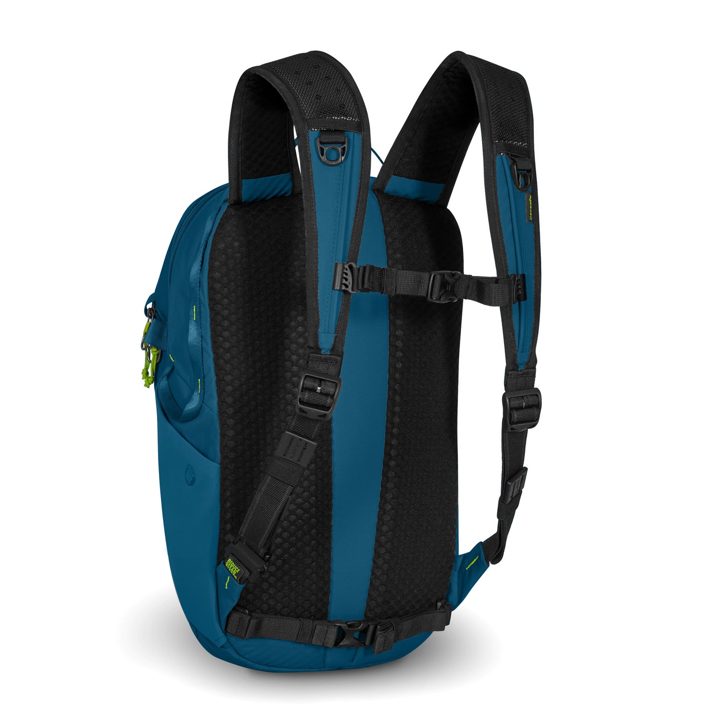 Pacsafe® ECO 18L tidal teal backpack features adjustable straps and green zippers, shown from the back.