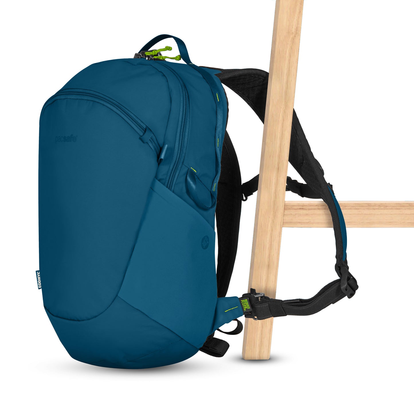 Pacsafe® ECO 18L Anti-theft Backpack, teal with black straps and lime green accents, made from ECONYL® nylon.